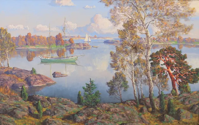 KARL BERGMAN. Olja på duk, Skärgårdmotiv med båtar, signerad.