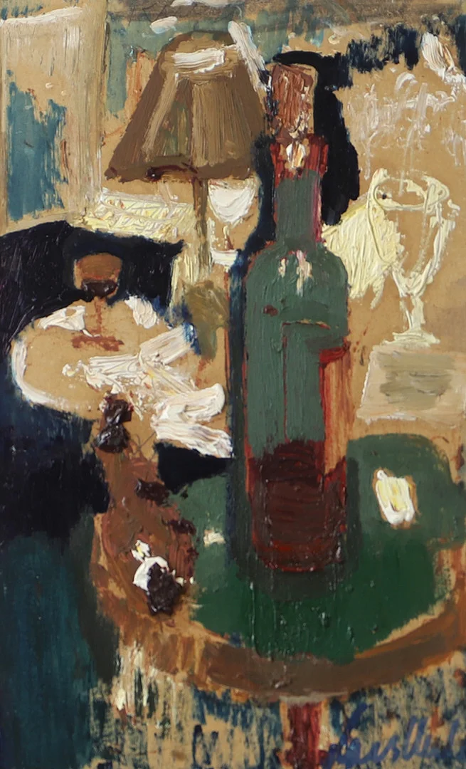 LARS HERDER. Interiör med flaska, olja på kartong, signerad. — Paintings — Helsingborgs Auktionskammare