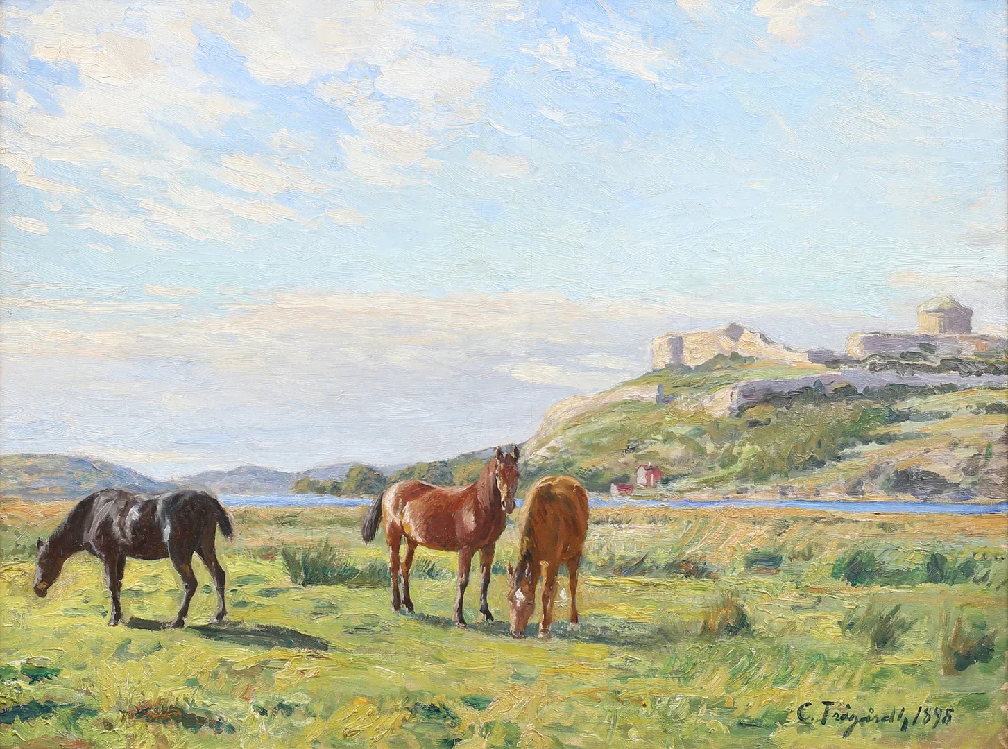 CARL TRÄGÅRDH (1861-1899). Hästar på sommarbete vid Bohus fästning, Kungälv, olja på duk, signerad C Trägårdh och daterad 1898. — Paintings — Garpenhus Auktioner