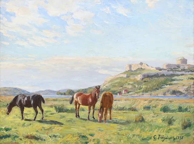 CARL TRÄGÅRDH (1861-1899). Hästar på sommarbete vid Bohus fästning, Kungälv, olja på duk, signerad C Trägårdh och daterad 1898.