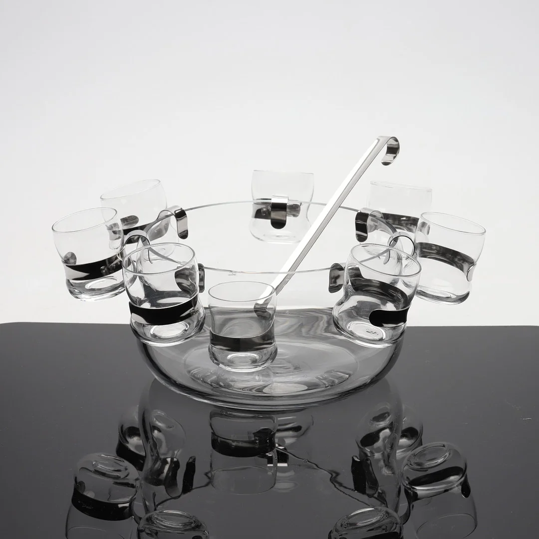 JORMA VENNOLA AHLSTRÖM. bålset, 9 delar, glas/metall, "Paula", Iittala, Finland. — Utility glass — Gomér & Andersson Norrköping