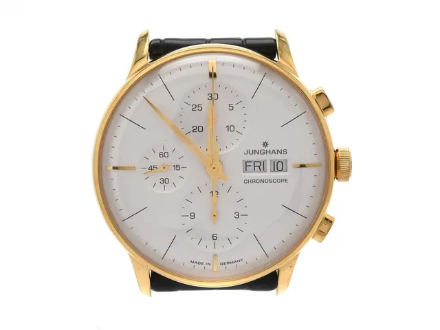 Junghans Chronoscope 41mm ref. nr. 027/7122 serie nr. 1433/1500 guldfärgat stål automat kronograf dag/datum glasbaksida läderarmband