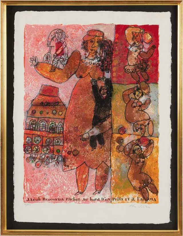 THEO TOBIASSE. "Jacob Rencontra Rachel au bord...", färglitografi och pastell.