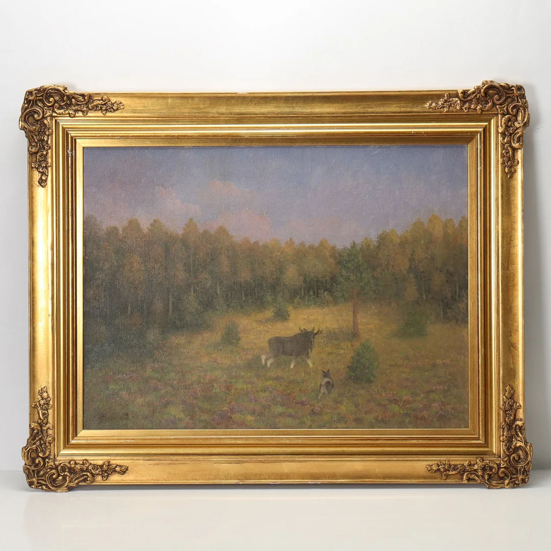 LINDORM LILJEFORS. skogsmotiv med älg och jakthund, olja på duk. — Paintings — Stockholms Auktionsverk Helsingborg