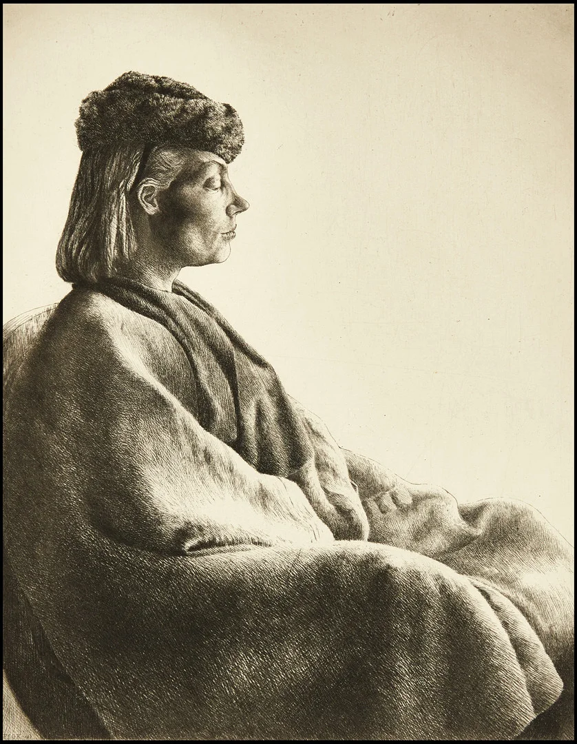 STIG ÅSBERG (1909-1968). "Dam med pälsmössa", etsning. — Engravings & Prints — Crafoord Auktioner Stockholm