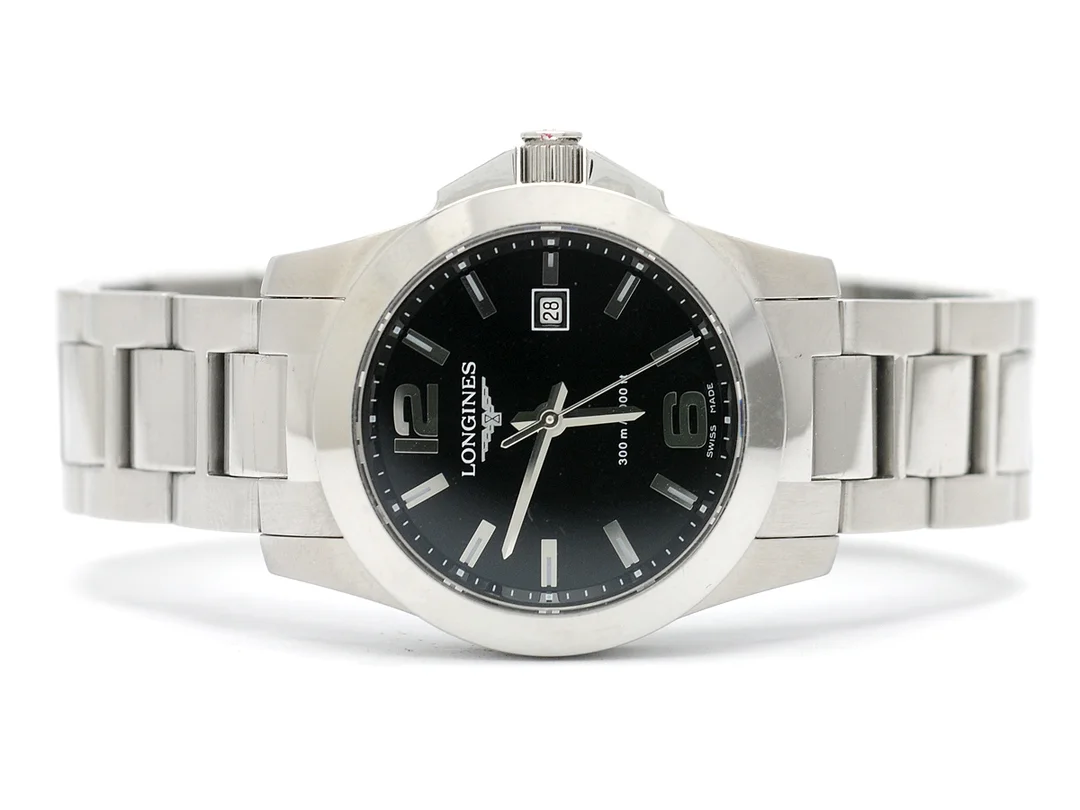LONGINES, Conquest (300 m / 1000 ft), Cal L.250, Ref nr. L3.277.4.56.6, Boett nr. 36252921, damur, 29,5 mm, stål, quartz, safirglas, datum, originallänk, viklås, Ref nr. L600131634, cert, maj 2011, box, ytterkartong. — Klockor/Longines — Kaplans