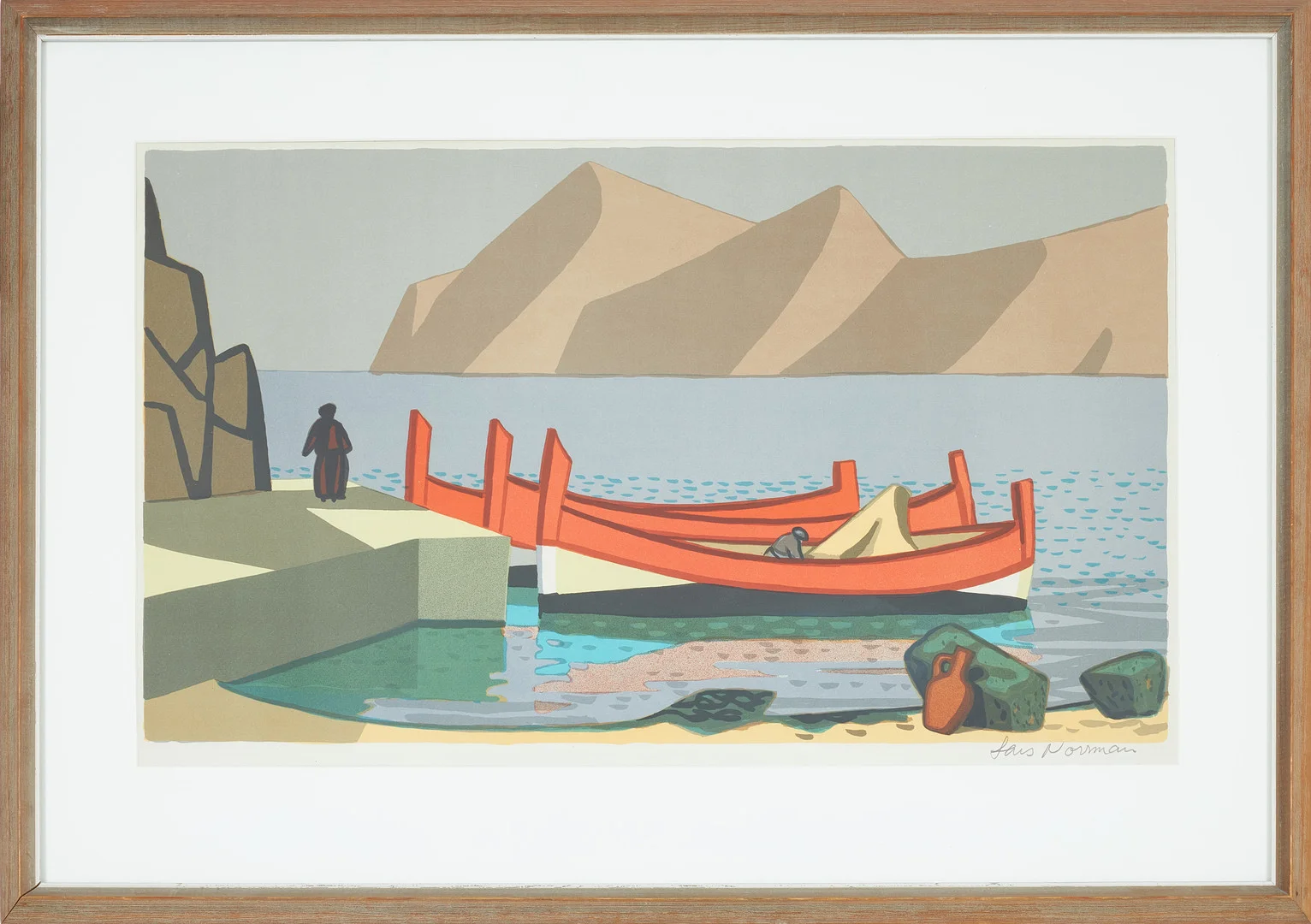 LARS NORRMAN. Motiv med båtar, litografi, signerad. — Engravings & Prints — Stockholms Auktionsverk Sickla