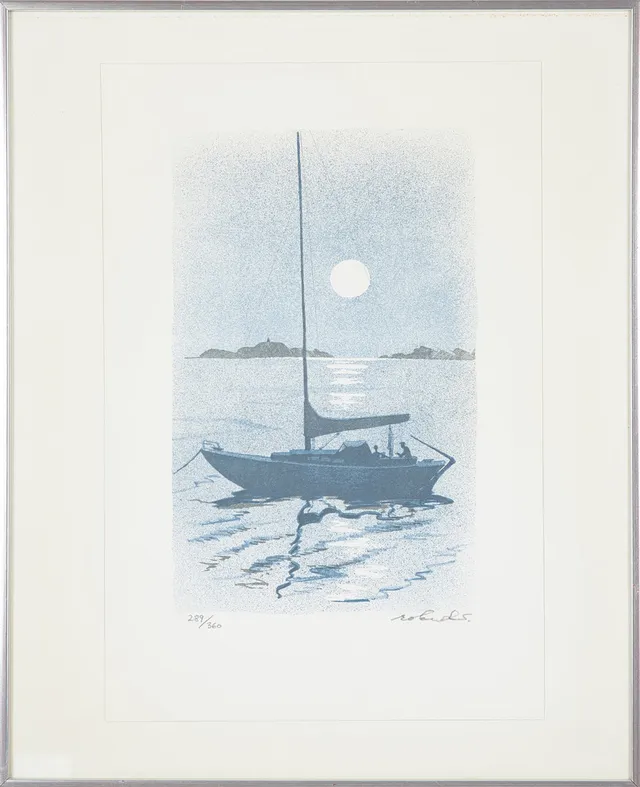 ROLAND SVENSSON. "Båtsnack", färglitografi, signerad och numrerad 289/360.