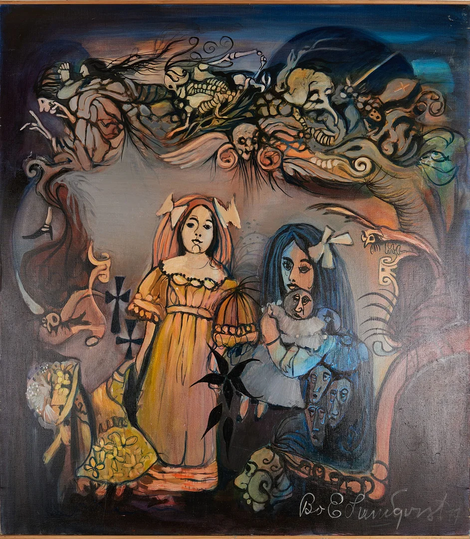 BO E LUNDQVIST (FÖDD 1937). Motiv med flickor omgivna av demoner och skelett mm, olja på duk, signerad samt daterad 77. — Paintings — Stockholms Auktionsverk Magasin 5