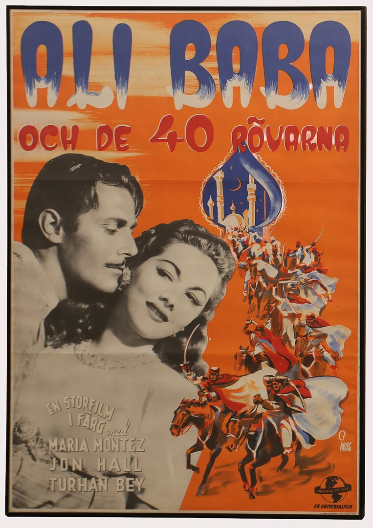 BIOAFFISCH, Maria Montez, Jon Hall, Turhan Bey. "Ali Baba och de 40 rövarna" Tryckt i Stockholm 1944. — Movie memorabilia — Limhamns Auktionsbyrå