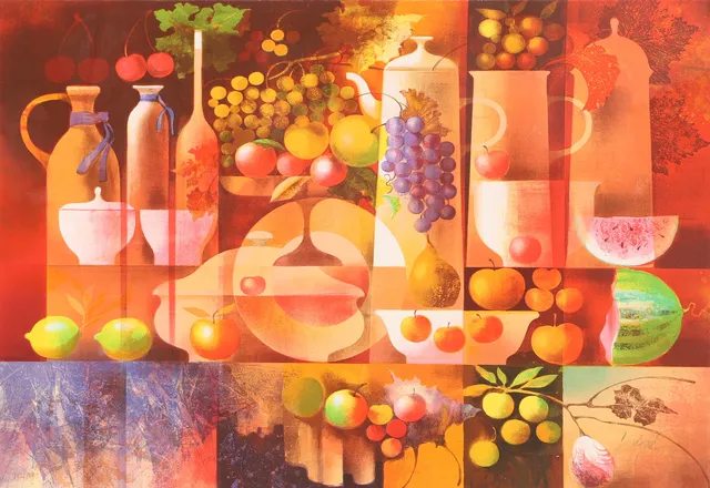 JOSEP BAQUÉS. Stilleben, färglitografi, signerad.