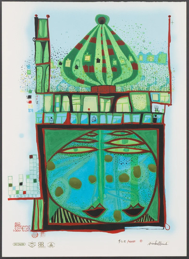 FRIEDENSREICH HUNDERTWASSER. Homo Humus Come - Va 100001 Nights, färgserigrafi, signerad och numrerad 5308/10001. — Engravings & Prints — Garpenhus Auktioner