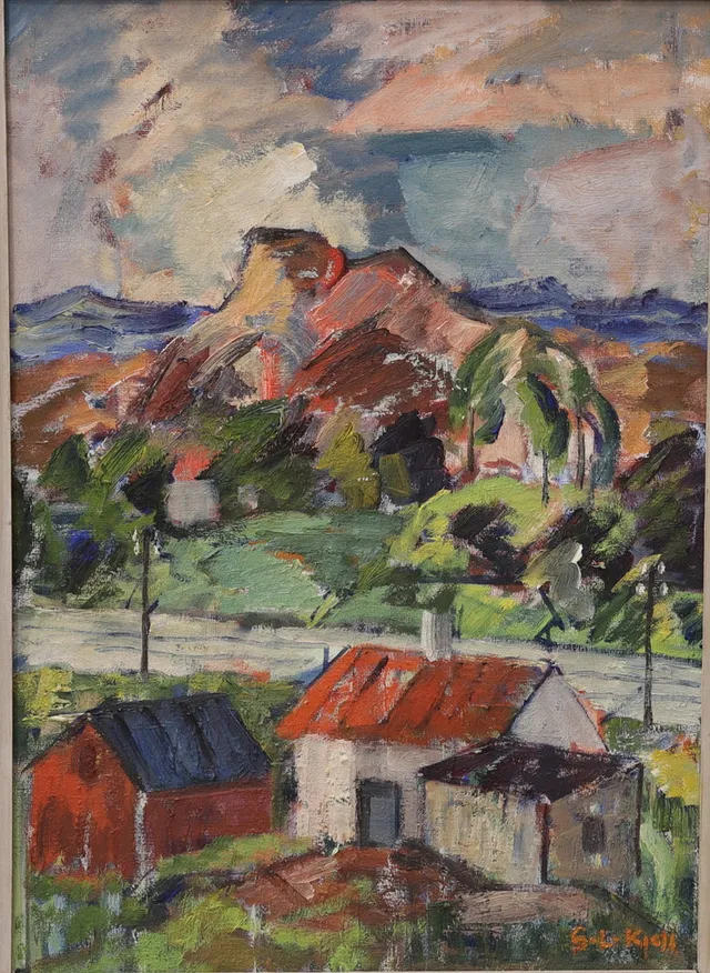 GÖSTA LINDELL-KJELL. Landskap med hus, olja på pannå, signerad.