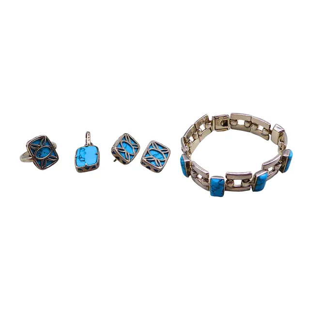 MEHRTEILIGES SCHMUCKSET AUS SILBER MIT TÜRKISBESATZ, 4-TEILIG.
