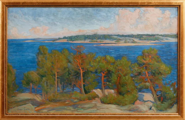 ARON GERLE. Aspö skärgård, olja på pannå, signerad.