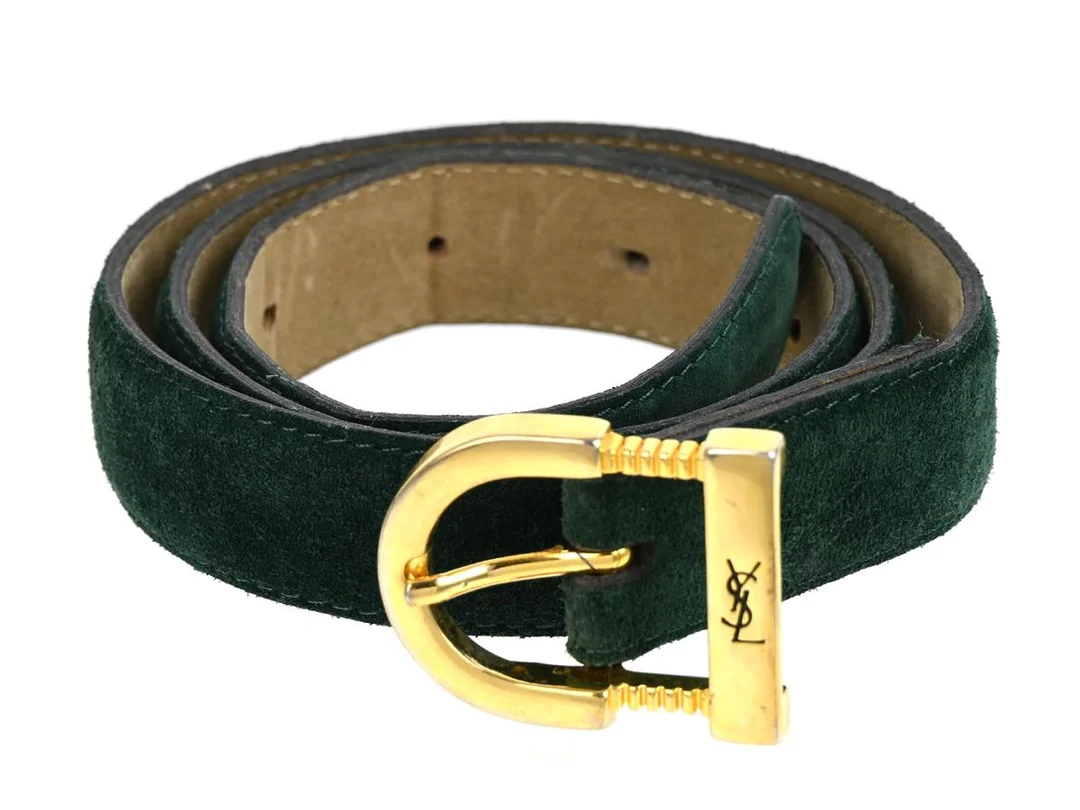 BÄLTE, YSL, vintage, grön mocka, guldfärgade beslag, stl 75, bruksslitage. — Accessoarer/Bälten — Kaplans