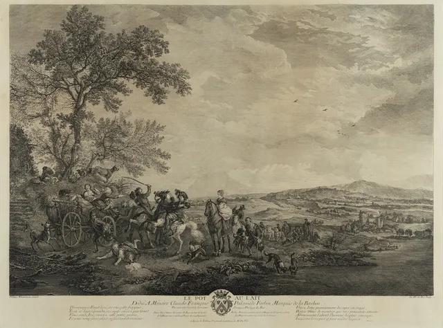 PHILIPS WOUWERMAN. EFTER. Le pot au lait, landskapsscen, gravyr, 1700-tal.