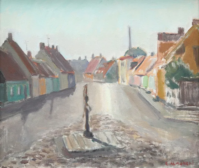 ERIK ALMGREN. Gatubild, Simrishamn, olja på duk, signerad.