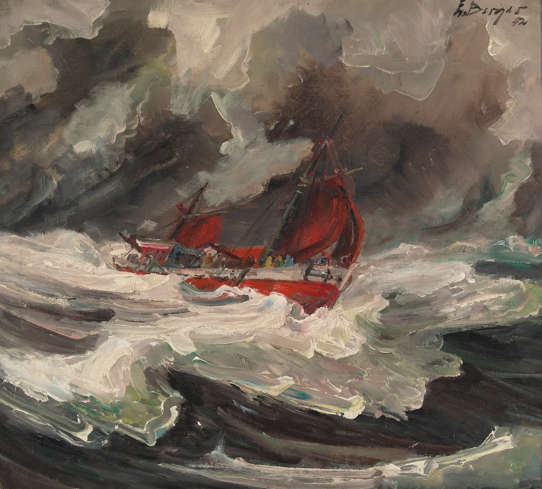 Berger, Einar — Seilskøyter på opprørt sjø, 1942 — Kunst/Maleri — Blomqvist