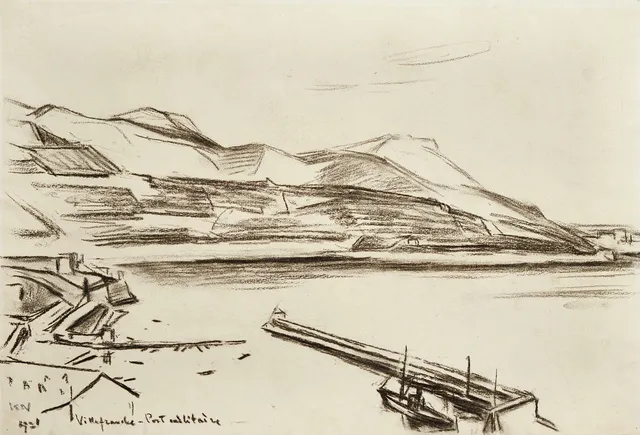 KARL NORDSTRÖM (Tjörn 1855-1923 Drottningholm). Militärhamnen, Ville Franche, signerad, daterad 1921, kol på papper.