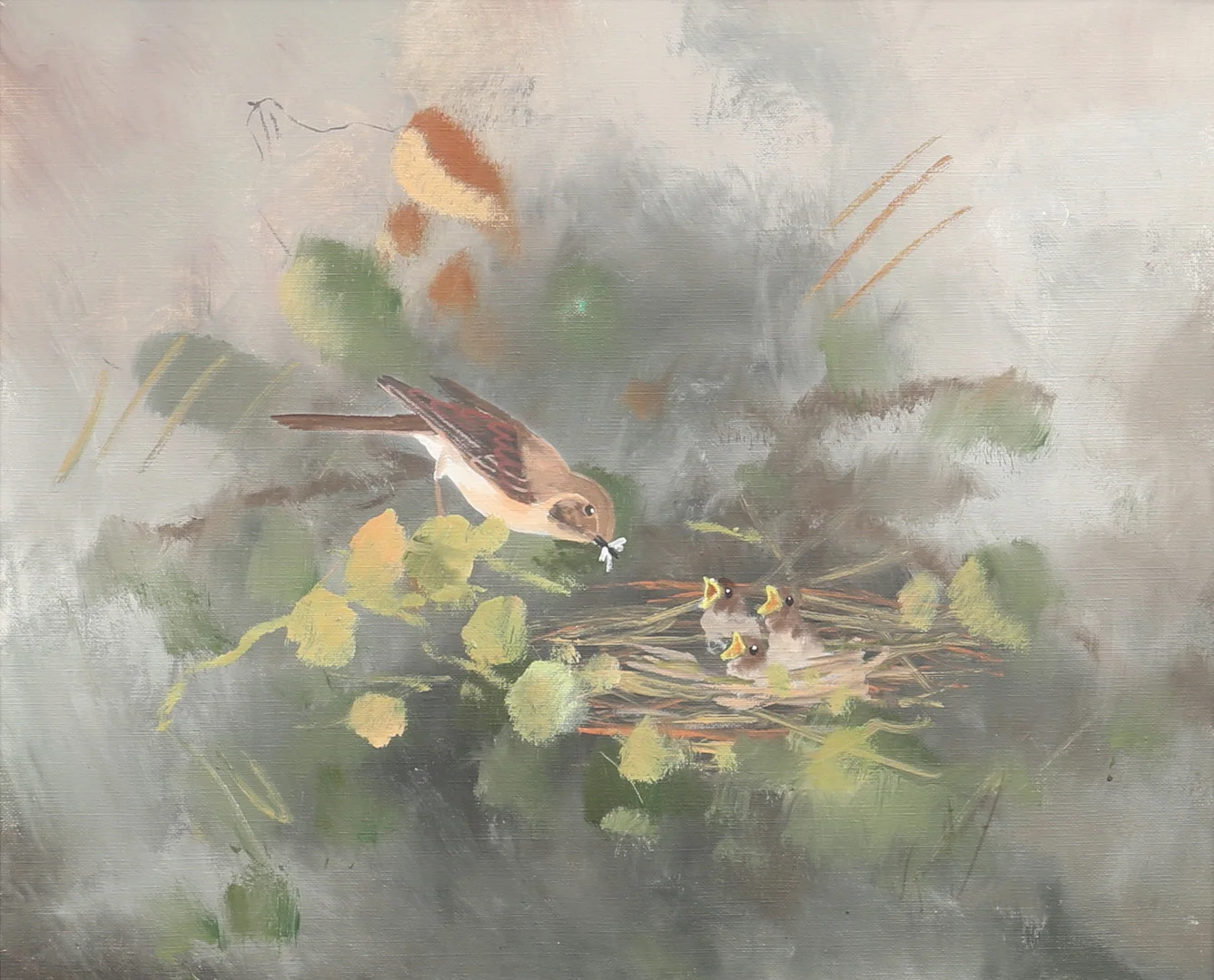 TORBJÖRN MARTINSSON. "Törnsångare vid boet". Olja på duk, signerad à tergo. — Paintings — Auktionshuset Thelin & Johansson