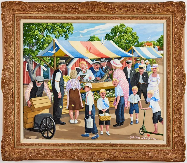 BERT HÅGE HÄVERÖ. Marknadsdag, olja på duk, 46 x 55 cm.