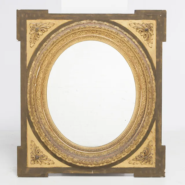 Elizabethan mirror with frame in moulded, gilt and painted wood, second half of the 19th Century.
