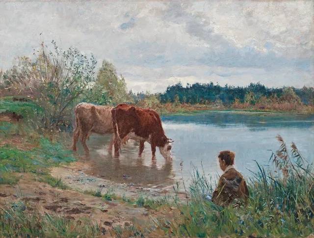 Carl Trägårdh, Landskap med kor och vallpojke vid vattendrag - Grez-sur-Loing.