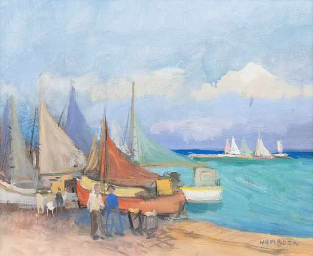 AXEL HAMBORN. Fiskebåtar, olja duk, signerad.