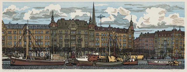 SVENOLOV EHRÉN. Motiv från Strandvägen, Stockholm, träsnitt, signerad, numrerad 46/360, daterad 76.