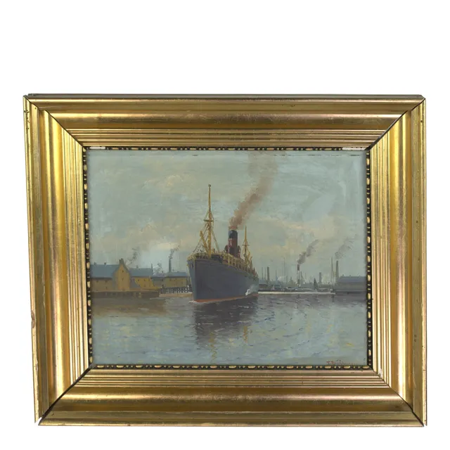 THORVALD RYGAARD. Olja på duk, ångfartyg på väg ut ur hamn, otydlig signatur.