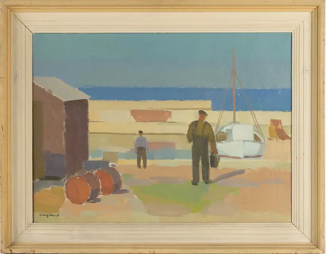 RICHARD BJÖRKLUND. "Hamnbild, Brantevik, olja på duk, signerad.