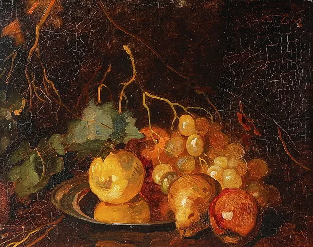 AXEL PETER. Oljemålning, signerad, stilleben med frukter, pannå.