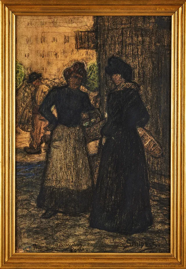 GÖSTA SANDELS. Passage Alexandre - Parisisk gatubild, kol och färgkrita på papper.