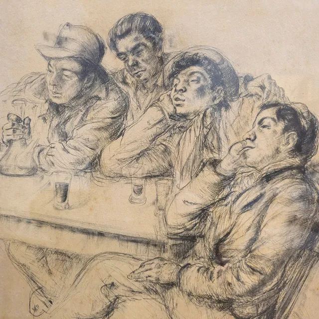 AMIGOS BEBIENDO EN EL BAR. LÁPIZ SOBRE PAPEL. FIRMADO Y DEDICADO. 1947.