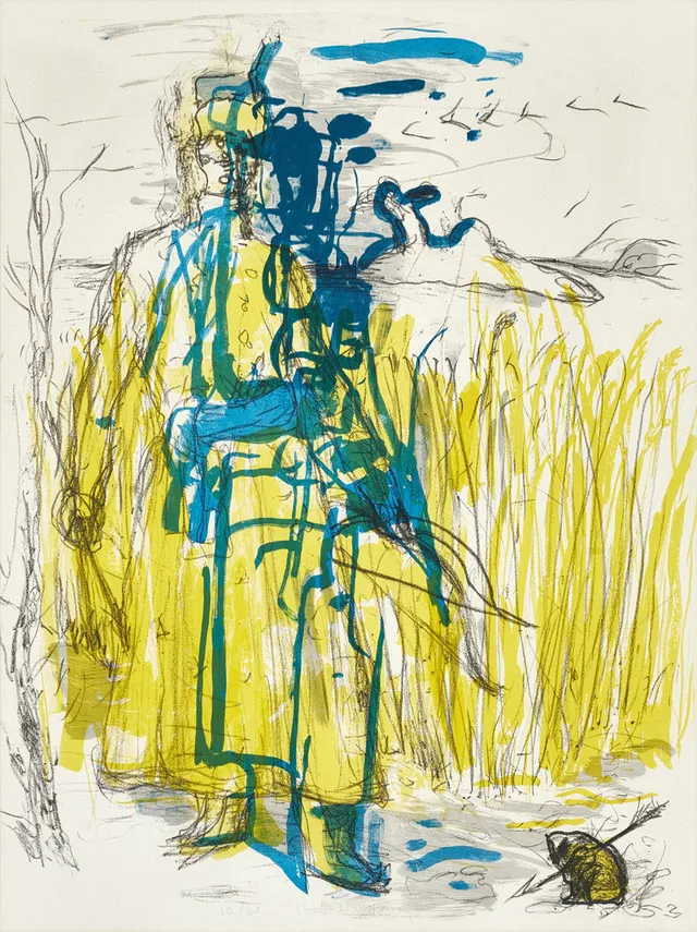 STAFFAN HALLSTRÖM (1914-1976). "Jägare i vass", signerad, numrerad 10/60, färglitografi.
