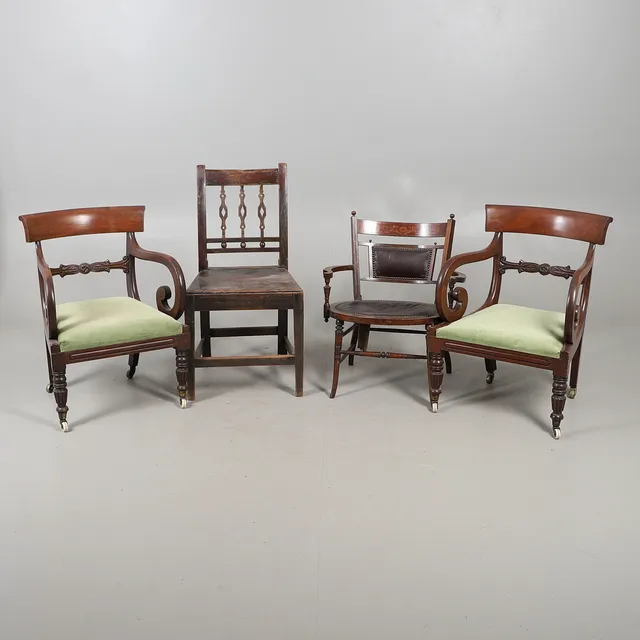 A PAIR OF 19TH CENTURY MOHOGANY SCROLL ARMCHAIRS, AND TWO OTHERS.