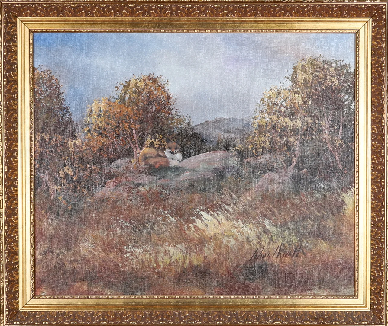 JOHAN ARVALL. Olja på duk, räv i höstlandskap, signerad. — Paintings — Gomér & Andersson Norrköping
