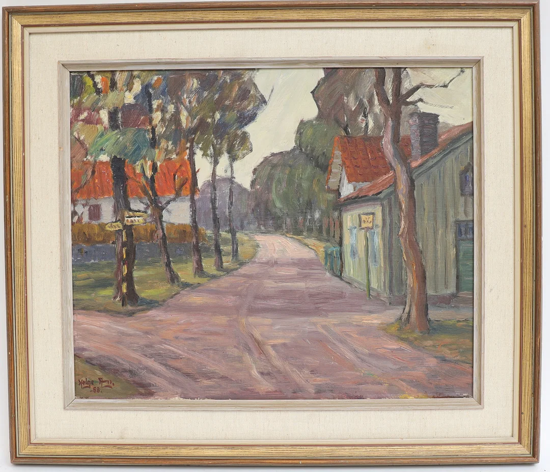 OIDENTIFIERAD KONSTNÄR. Landskap med hus, oljemålning på pannå, otydligt signerad, daterad 58. — Paintings — Falun Auktionsbyrå