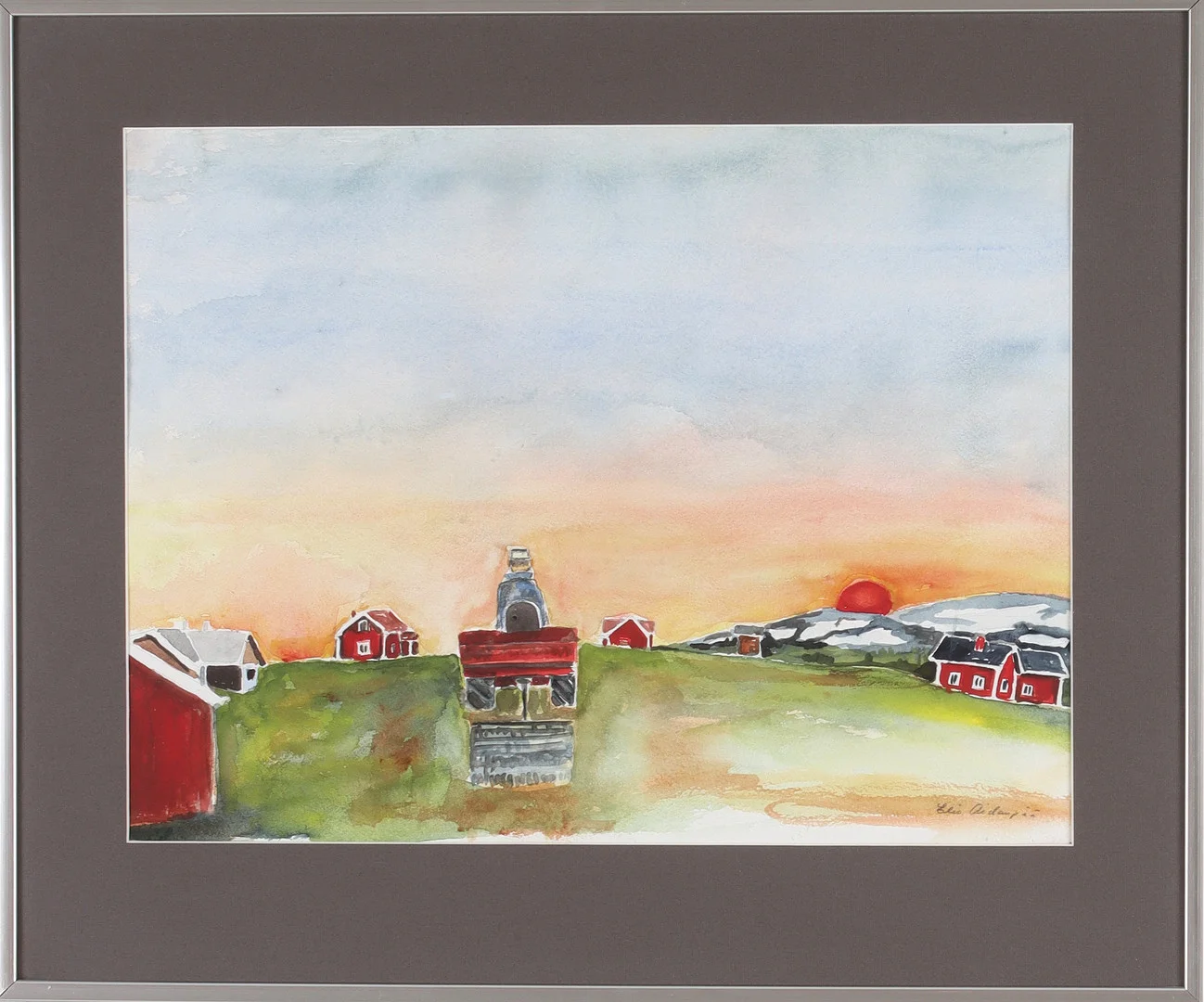 ELIS AIDANPÄÄ. Traktor i midnattssol, akvarell, signerad. — Paintings — Stadsauktion Sundsvall