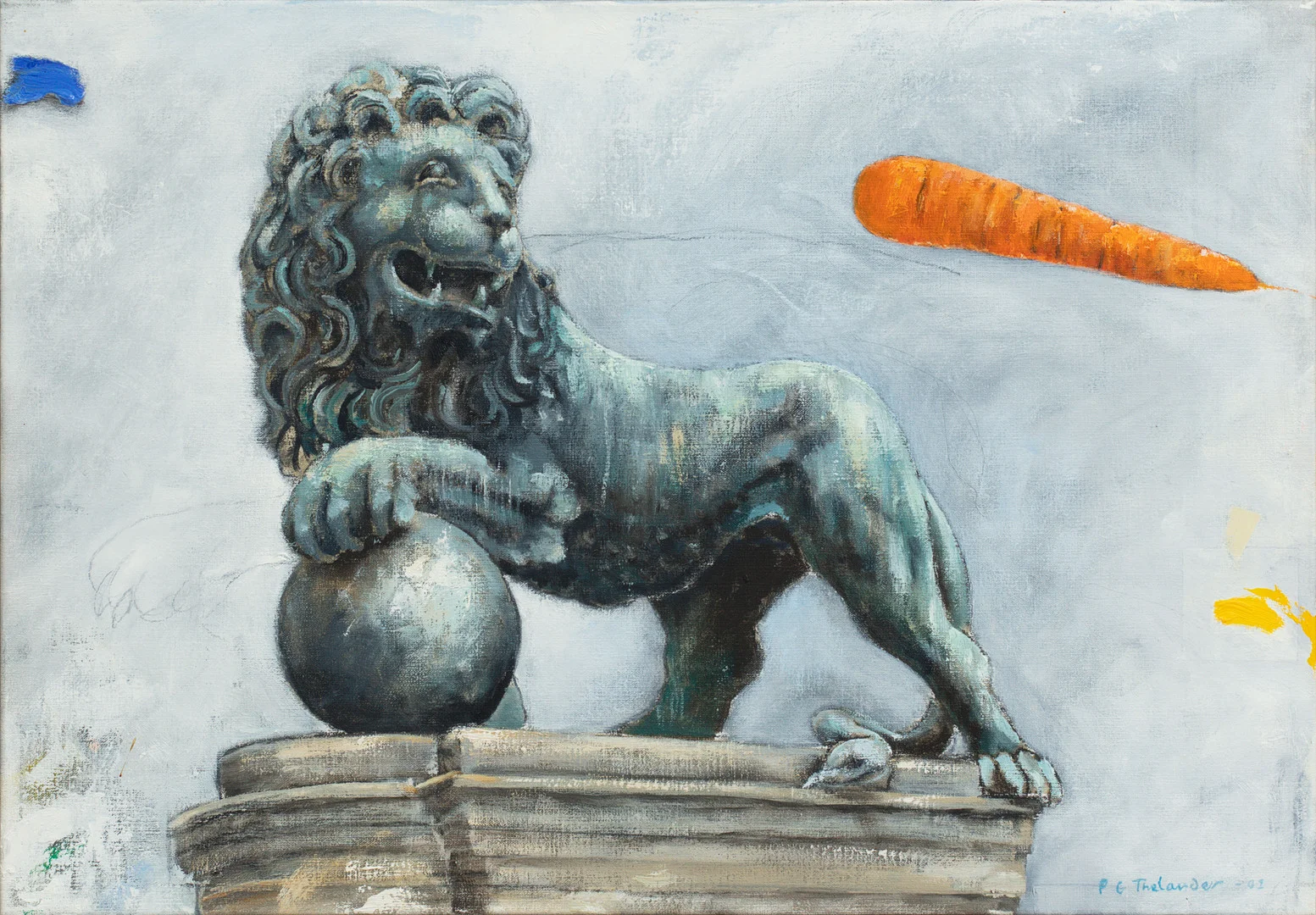 PER GUNNAR THELANDER. Slottslejon och morot. Olja på duk. Utförd 2001. — Paintings — Göteborgs Auktionsverk