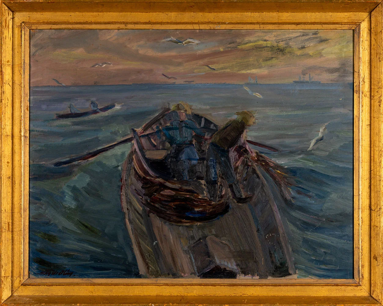 STIG WRETLING. Olja på pannå, "Morgon på havet vid Holmön", signerad och daterad 1934. — Paintings — Norrlands Auktionsverk