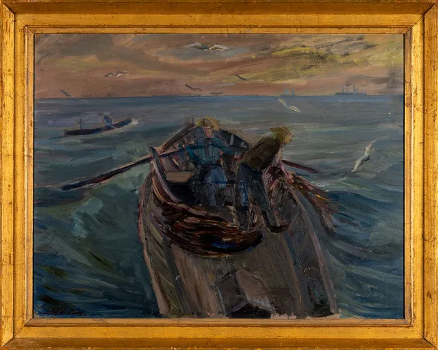STIG WRETLING. Olja på pannå, "Morgon på havet vid Holmön", signerad och daterad 1934.