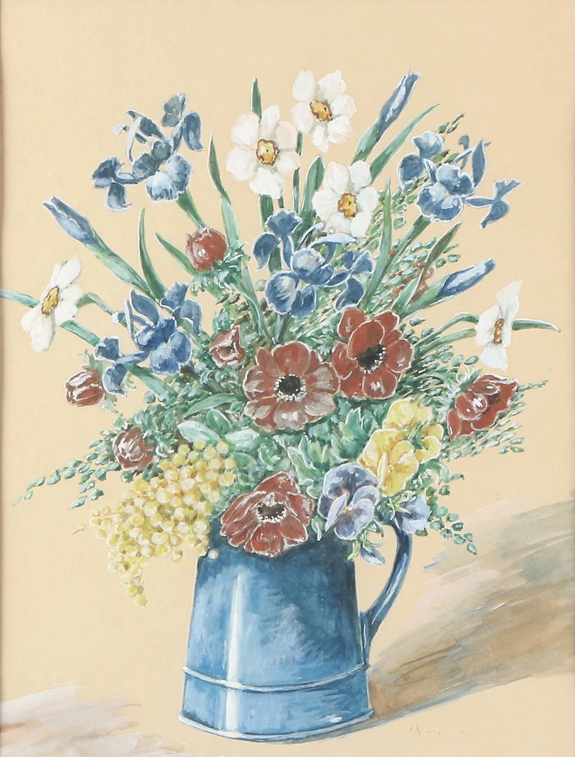 BERNHARD NEUMAN. Gouache. Stilleben med Blombukett i kanna. Signerad. — Paintings — Skånes Auktionsverk