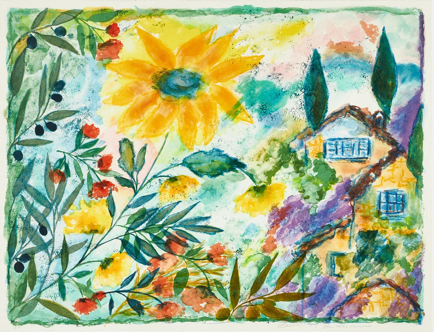LENA LINDERHOLM. Sommarblomster och hus, signerad, ea, färglitografi. — Engravings & Prints — Crafoord Auktioner Stockholm