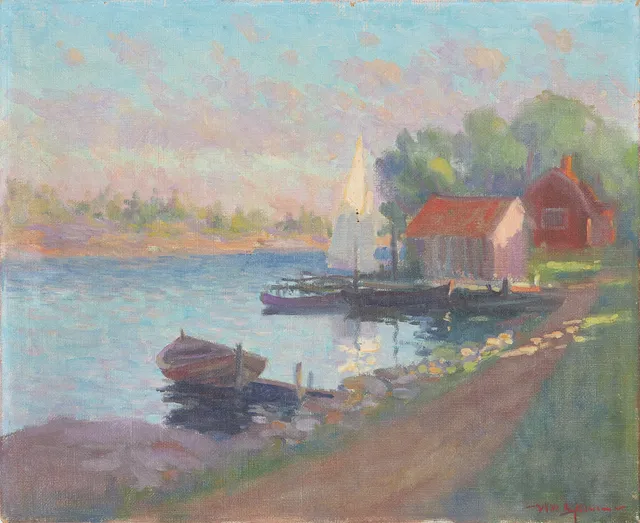 WILHELM SJÖHOLM. Sjömotiv med förtöjda båtar, olja på duk, signerad.