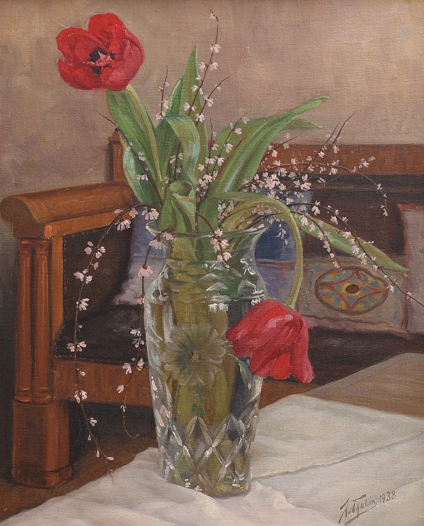 JÖNS THULIN 1867-1963. OLJA PÅ PANNÅ, BLOMSTERSTILLEBEN, SIGNERAD OCH DATERAD 1938. — Paintings — Crafoord Auktioner Lund
