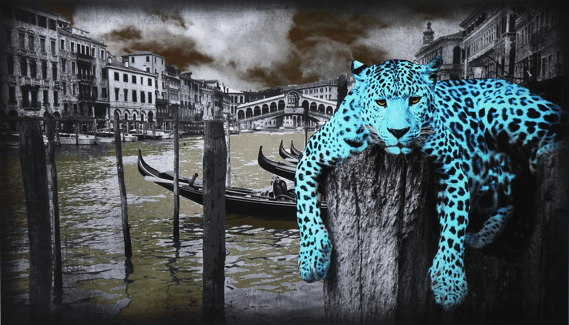 LARS TUNEBO. Mixed media, "Hanging in Venice", (turkos), signerad, numrerad 11/L, oramad. — Engravings & Prints — Gomér & Andersson Jönköping