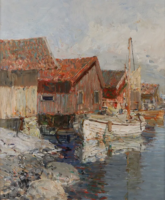 HUGO ÖFVERSTRÖM. Oljemålning på pannå. Västkustmotiv med småbåtshamn. Signerad.