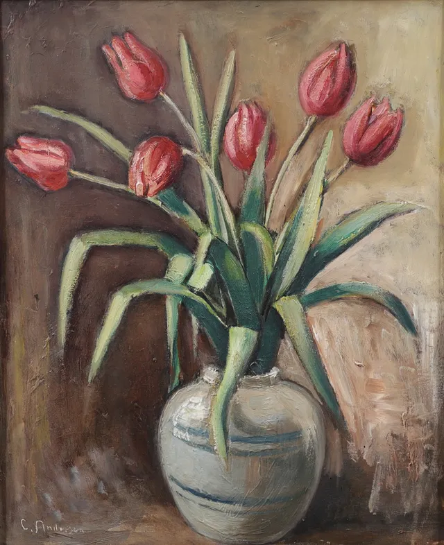 CARL ANDERSON. "Röda tulpaner", olja på duk, signerad.